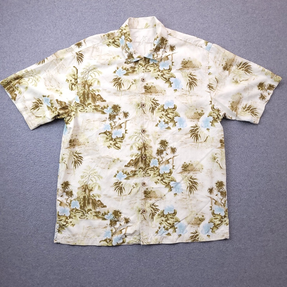 Tommy Bahama Silk Hawaiian Shirt Large Hula Girl Floral Camp Mens